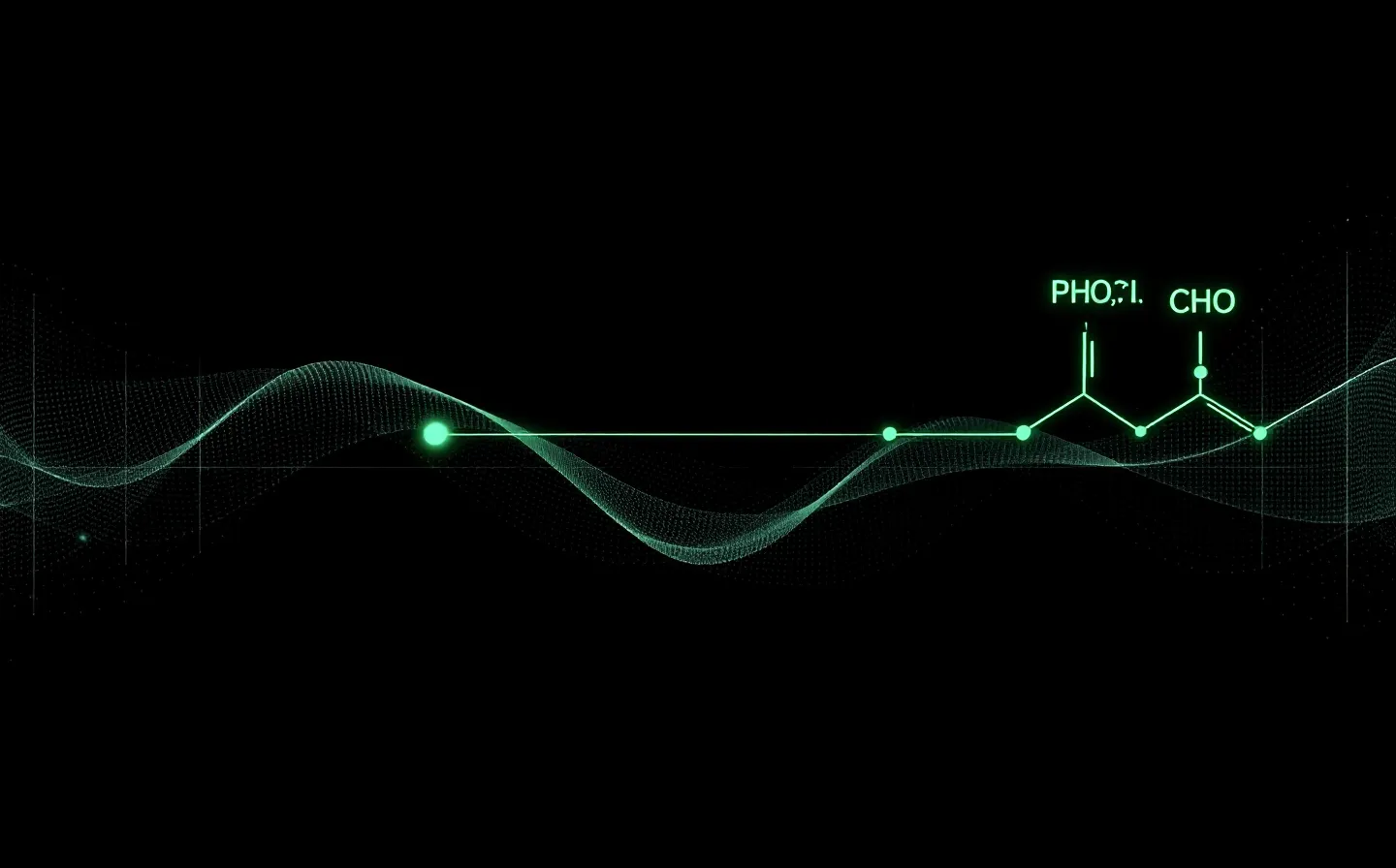 A documentation-style abstract diagram of a long green acylated peptide chain with one ringed residue and a fatty-diacid side-tail, on a near-black ground with a faint slate hairline grid